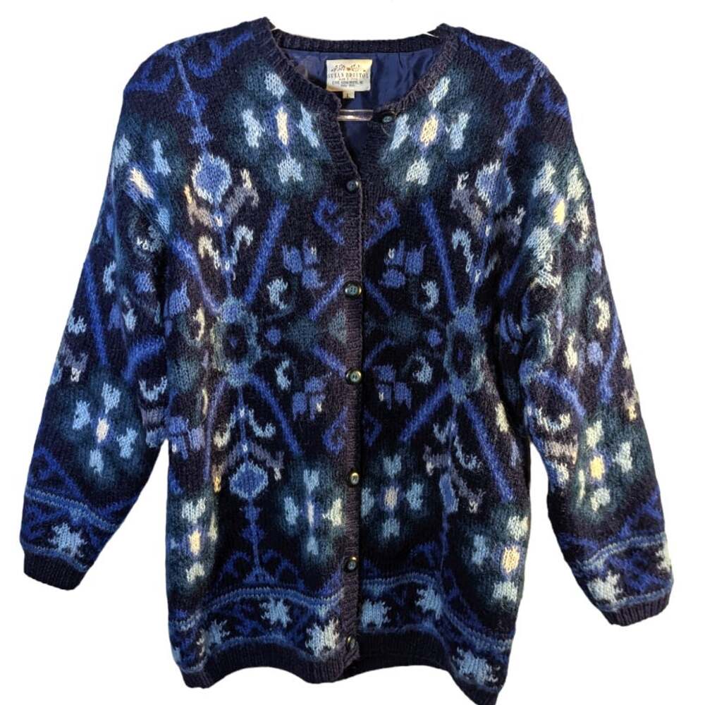 Vintage Susan Bristol Mohair Blend Cardigan Sweater Coat Lined Blue Size Large